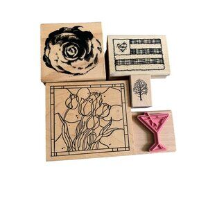Vintage Rubber Stamps Set - Flowers Tree Flag & Martini Designs